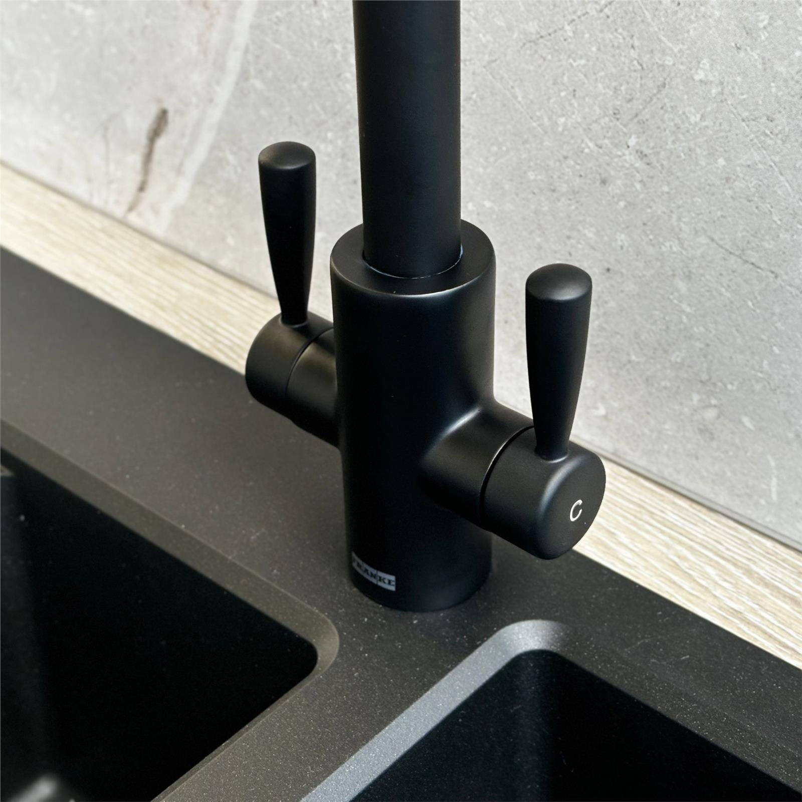 Franke Ascona Swan Neck Swivel Spout Mono Mixer Twin Lever Black Kitchen Tap